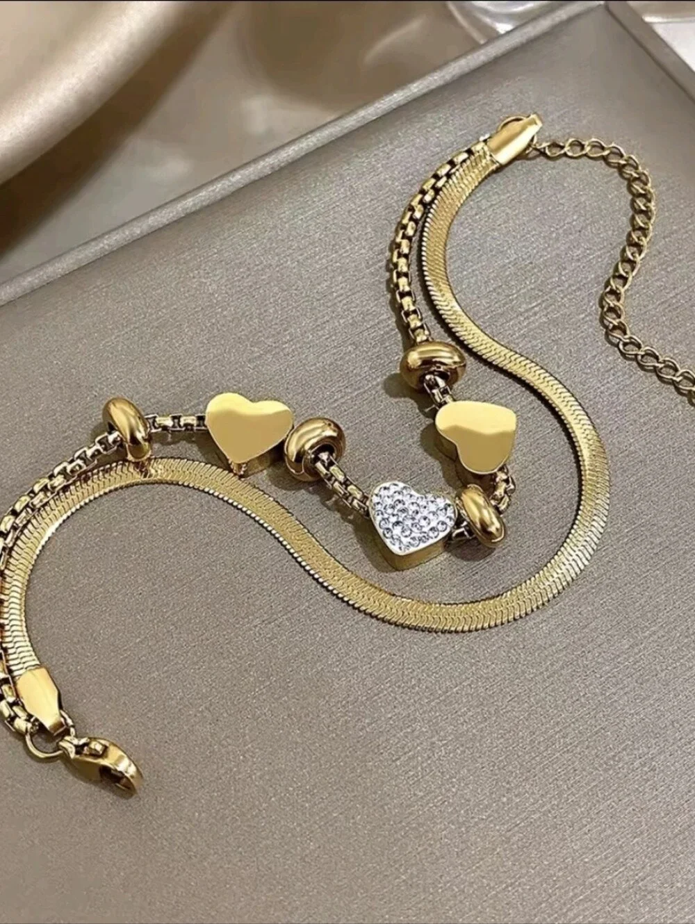 Gold Heart CZ Bead & Snake Chain Bracelet